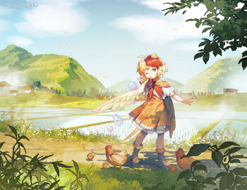 Rule 34 | 1girl, animal, animal on head, artist name, baby animal, bird, bird on head, bird tail, blonde hair, blowing bubbles, boots, brown boots, chick, chicken, chinese commentary, cloud, commentary request, dated, day, dress, feathered wings, full body, furahata gen, highres, looking at viewer, multicolored hair, niwatari kutaka, on head, one eye closed, orange dress, outdoors, puffy short sleeves, puffy sleeves, red eyes, red hair, rice paddy, short hair, short sleeves, solo, tail, touhou, two-tone hair, wings, yellow wings