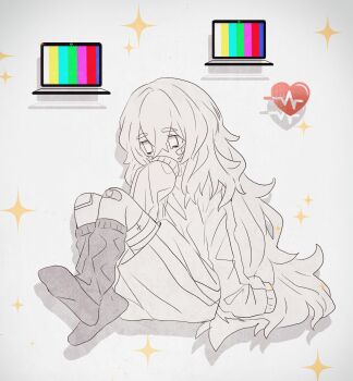 absurdres bandage_on_face bandage_on_knee bandage_on_leg bandages black_socks cardiogram charlotte_wiltshire crying hello_charlotte highres kaitenta1 long_hair long_sleeves screen socks sparkle sparkle_background sweater turtleneck turtleneck_sweater white_background white_eyes white_hair white_sweater