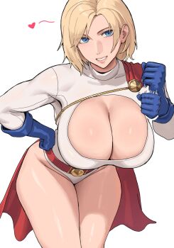 1girl absurdres belt blonde_hair blue_eyes blue_gloves blush boots breasts cape cleavage cleavage_cutout clothing_cutout commentary_request dc_comics gloves hand_on_own_hip handjob_gesture heart highleg highleg_leotard highres korean_commentary ksksksa large_breasts leaning_forward leotard looking_at_viewer motion_lines muscular muscular_female power_girl red_belt red_cape sexually_suggestive short_hair simple_background sleeved_leotard smile solo superhero_costume superman_(series) thighs white_background white_leotard