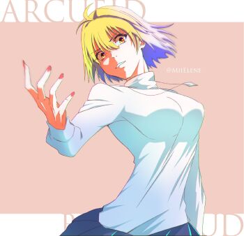 1girl ahoge arcueid_brunestud arm_up blonde_hair blue_skirt breasts commentary english_text fingernails floating_hair head_tilt highres jewelry large_breasts looking_at_viewer melty_blood melty_blood:_type_lumina mii_elene miniskirt mystic_eyes_of_enchantment necklace partially_shaded_face pink_background short_hair sidelocks skirt smile solo sweater tsukihime tsukihime_(remake) turtleneck turtleneck_sweater white_sweater yellow_eyes