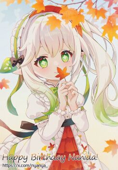 1girl alternate_costume black_bow blush bow bowtie closed_mouth commentary_request dress fingernails frilled_hairband frills genshin_impact gradient_hair green_bow green_bowtie green_eyes green_hair hair_between_eyes hair_ornament hairband hands_up happy_birthday highres holding holding_leaf leaf leaf_hair_ornament long_hair long_sleeves maple_leaf multicolored_hair nahida_(genshin_impact) nyanya pointy_ears side_ponytail smile solo star-shaped_pupils star_(symbol) symbol-shaped_pupils twitter_username white_dress white_hair