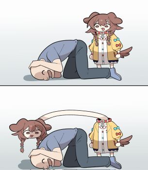 Rule 34 | 1boy, 1girl, animal ears, bone hair ornament, brown eyes, brown hair, cocomayo29 (tomato), collar, cowering, dog ears, dog girl, dog tail, hair ornament, highres, hololive, inugami korone, listener (inugami korone), long hair, open mouth, stretched neck, tail, virtual youtuber