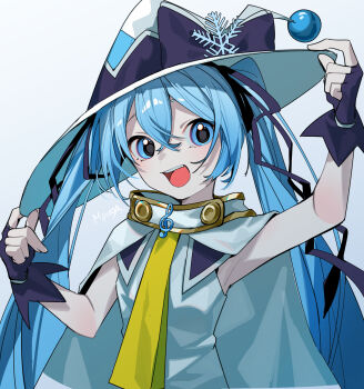 1girl absurdres adjusting_clothes adjusting_headwear armpits artist_name blue_eyes blue_hair bow cloak commentary fingerless_gloves gloves gold_trim hair_ribbon hat hat_bow hat_ornament hatsune_miku highres large_hat long_hair looking_at_viewer myuga66666 neckerchief open_mouth purple_bow purple_gloves purple_ribbon ribbon shirt sleeveless sleeveless_shirt smile snowflake_hat_ornament solo treble_clef twintails upper_body very_long_hair vocaloid white_background white_cloak white_hat white_shirt witch_hat yellow_neckerchief yuki_miku yuki_miku_(2014)