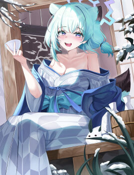 1girl :d absurdres animal_ears bare_shoulders bath_yukata blue_archive blue_hair blue_halo breasts chanpower233 choko_(cup) cleavage collarbone commentary cup grey_kimono halo highres holding holding_cup japanese_clothes kimono large_breasts looking_at_viewer off_shoulder official_alternate_costume open_mouth purple_eyes shigure_(blue_archive) shigure_(hot_spring)_(blue_archive) short_hair sitting smile solo tail teeth twintails upper_teeth_only weasel_ears weasel_girl weasel_tail yagasuri yukata