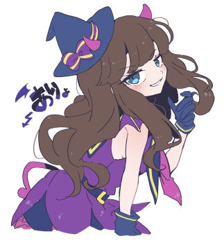 1girl belt blue_belt blue_eyes blue_gloves blue_hat blush bow brown_hair commentary_request cropped_legs demon_horns dress from_side gloves hand_up hat hat_bow highres horns kurosu_aroma leaning_forward long_hair looking_at_viewer mini_hat mini_witch_hat nojima_minami open_mouth pretty_series pripara purple_bow purple_dress simple_background smile solo white_background witch_hat