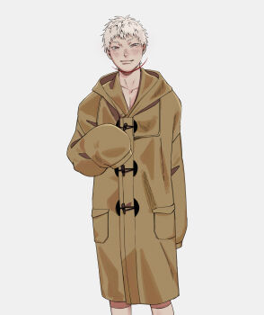 Rule 34 | 1boy, blush, closed mouth, coat, commentary request, cowboy shot, duffel coat, fang, fang out, highres, hikaru ga shinda natsu, indou hikaru, k1tr jun, looking at viewer, male focus, naked coat, oversized clothes, pocket, red pupils, short eyebrows, short hair, simple background, solo, white background, white hair
