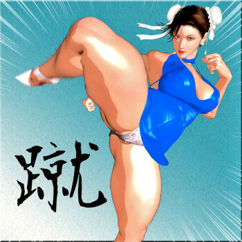 1girl blue_dress breasts brown_eyes brown_hair bun_cover capcom china_dress chinese_clothes choker chun-li clothing_cutout double_bun dress earrings emphasis_lines fighting_stance hair_bun high_heels jewelry kicking kill_the_king large_breasts lips makeup mature_female motion_blur panties pantyshot short_hair sleeveless solo street_fighter thick_thighs thighs underwear white_panties