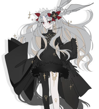 Rule 34 | 1girl, black dress, black thighhighs, breasts, commentary request, dress, ereshkigal (fate), fate/grand order, fate (series), gold trim, greyscale, hair ribbon, highres, long hair, long sleeves, looking at viewer, medium breasts, monochrome, parted bangs, red eyes, ribbon, single thighhigh, sparkle, spot color, thighhighs, thighs, tokumori ramen, two side up