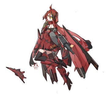 ace_combat ace_combat_6 ahoge bare_shoulders black_thighhighs canopy_(aircraft) cfa-44_nosferatu dress frider gun highres long_hair looking_at_viewer mecha_musume multicolored_hair off-shoulder_dress off_shoulder original personification red_hair strigon_squadron thighhighs two-tone_hair vehicle_and_personification weapon yellow_eyes