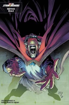 1boy arthur_hesli artist_collaboration artist_name black_facial_hair black_leggings blue_robe cape colored_sclera comic_cover commentary copyright_name cover cover_page cyclops doctor_strange doctor_strange_(series) english_commentary english_text facial_hair floating_cape green_eyes green_sclera grey_hair hair_slicked_back highres leggings marvel monsterification nethodiazz official_art one-eyed open_mouth reaching reaching_towards_viewer red_cape robe saliva saliva_trail sean_parsons short_hair solo teeth