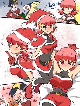 1boy 1girl anger_vein backwards_hat baseball_cap belt belt_buckle black_belt blue_hair blush boots buckle capelet christmas closed_mouth english_text ethan_(pokemon) fur-trimmed_boots fur-trimmed_capelet fur-trimmed_gloves fur-trimmed_headwear fur-trimmed_skirt fur_trim gen_2_pokemon gen_4_pokemon gloves hat heart heart-shaped_pupils highres jacket lying makademia miltank nintendo on_back open_mouth parted_lips pink_eyes pink_hair pokemon pokemon_(creature) pokemon_hgss red_capelet red_footwear red_gloves red_jacket red_skirt rotom rotom_phone santa_costume santa_hat skirt smile symbol-shaped_pupils typhlosion whitney_(pokemon) zipper_pull_tab