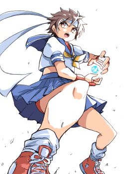 1girl blue_sailor_collar blue_skirt buruma capcom converse female_focus hadouken headband highres ikaringo_(ikaringo4444) kasugano_sakura neckerchief open_mouth pleated_skirt red_buruma sailor_collar school_uniform shoes simple_background skirt sneakers socks solo street_fighter street_fighter_zero_(series) teeth upper_teeth_only white_background white_headband white_socks yellow_neckerchief