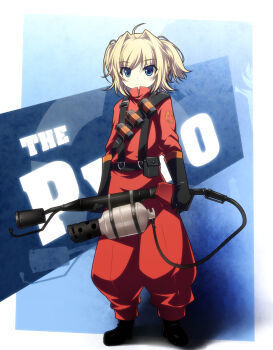 Rule 34 | 1girl, ahoge, androgynous, bad id, bad pixiv id, belt, belt pouch, black gloves, blonde hair, blue eyes, blush, bodysuit, boots, canister, cosplay, elbow gloves, explosive, eyes visible through hair, female focus, flamethrower, flat chest, frown, gloves, grenade, hair intakes, highres, holding flamethrower, holding weapon, kazakura, parted bangs, pouch, pyro (tf2), red pyro (tf2), reverse trap, shadow, short hair, short twintails, solo, standing, suspenders, team fortress 2, turtleneck, twintails, weapon