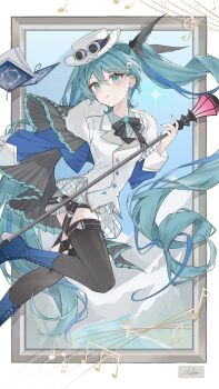 1girl absurdly_long_hair absurdres aqua_eyes aqua_flower aqua_hair aqua_nails artist_name asymmetrical_legwear black_feathers black_ribbon black_thighhighs blazer blue_background blue_boots blue_sky blue_streaks boater_hat book boots border boutonniere brooch buttoned_cuffs buttons chinese_commentary commentary_request day diamond_button double-parted_bangs dynamic_pose earrings eighth_rest english_text expressionless facing_viewer feather_boa feather_hair_ornament feathers feet_out_of_frame fingernails flat_sign flower flower_earrings gear_hair_ornament goggles goggles_on_headwear grey_skirt hair_behind_ear hair_between_eyes hair_ornament hat hatsune_miku hatsune_miku_(miku_with_you_2025) high_heel_boots high_heels highres holding holding_staff jacket jewelry jumping lace-up_boots lapels light_blush long_hair looking_ahead making-of_available midoo miku_day miku_with_you_(vocaloid) miniskirt mountain multicolored_hair musical_note musical_staff nail_polish neck_ribbon notched_lapels open_book parted_lips picture_frame pleated_skirt quarter_note ribbon sixteenth_note skirt sky solo sparkle staff streaked_hair stream stud_earrings thighhighs treble_clef twintails uneven_legwear very_long_hair vocaloid white_border white_hat white_jacket