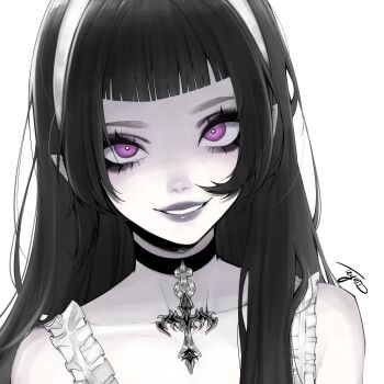 1girl black_choker black_hair blunt_bangs bright_pupils choker collarbone commentary cross cross_choker english_commentary grey_lips hairband highres lips long_hair looking_at_viewer nose original pale_skin parted_lips portrait purple_eyes sanpaku simple_background smile solo teyoid white_background white_hairband white_pupils