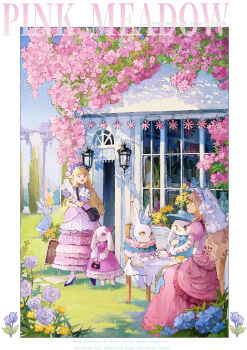 2girls :d absurdres animal bag baiguiyu blonde_hair blue_dress blue_flower bonnet brown_hair building bush cake commentary dress flower food frills grass hat high_heels highres lace multiple_girls multiple_others open_mouth original pink_dress pink_flower purple_dress purple_flower rabbit shoulder_bag smile symbol-only_commentary table window yellow_dress yellow_flower