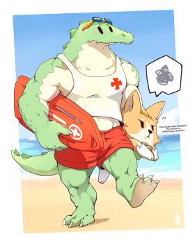 Rule 34 | bad id, bad pixiv id, beach, crocodile, crocodilian, cross, dog, english text, highres, league of legends, lifeguard, monster boy, nasus, nasus (dog), no humans, red cross, renekton, safeguard, shorts, water, welsh corgi