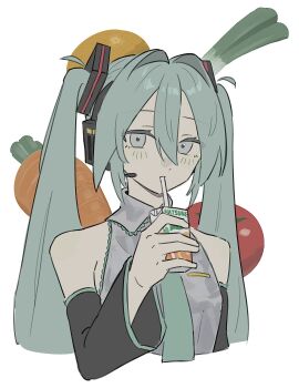 1girl absurdres aqua_eyes aqua_hair aqua_necktie aqua_trim bare_shoulders black_sleeves cropped_torso detached_sleeves drink_carton drinking_straw drinking_straw_in_mouth fukaba_yoh grey_shirt hair_between_eyes hair_intakes hair_ornament hatsune_miku headset highres holding holding_drink_carton holding_juice_box juice_box looking_at_viewer necktie shirt simple_background sleeveless sleeveless_shirt solo twintails vocaloid white_background wide_sleeves wing_collar