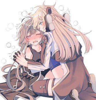 2girls blonde_hair blush breasts clothed_sex collared_dress commentary_request dress duel_monster emptyayya gloves grey_hair head_steam highres holding_hands interlocked_fingers long_hair long_sleeves looking_at_another multiple_girls one_eye_closed red_eyes saliva simple_background sky_striker_ace_-_raye sky_striker_ace_-_roze sweat tears two-tone_dress white_background wince yu-gi-oh! yuri