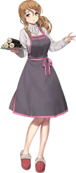 1girl bad_link brown_eyes brown_hair clothes_writing dress food full_body grey_dress hair_over_shoulder jiji_(aardvark) kantai_collection littorio_(kancolle) littorio_(setsubun)_(kancolle) makizushi official_art pinafore_dress side_ponytail sleeveless sleeveless_dress slippers solo standing sushi sweater transparent_background tray white_sweater