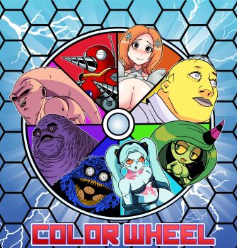 3girls 4boys bleach blush breasts cleavage color_wheel_challenge cookie cookie_monster curvy cyberpunk_(series) cyberpunk:_edgerunners cyborg dragon_ball drill drill_hand food grimace_(mcdonald&#039;s) highres homer_simpson horns inoue_orihime large_breasts majin_buu mcdonald&#039;s mobian_monster monster multiple_boys multiple_drawing_challenge multiple_girls pale_skin rebecca_(cyberpunk) robot sesame_street sharp_teeth simple_background sonic_(series) sonic_lost_world super_buu teeth the_simpsons undressing zeena