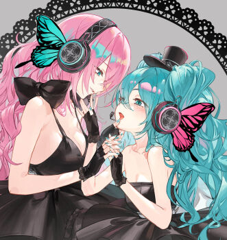 2girls black_dress blue_eyes blue_hair blush breasts cleavage dress fingerless_gloves gloves grin hatsune_miku headset highres holding_hands kokko_(kokko3045) long_hair magnet_(vocaloid) megurine_luka multiple_girls open_mouth pink_hair smile twintails vocaloid yuri