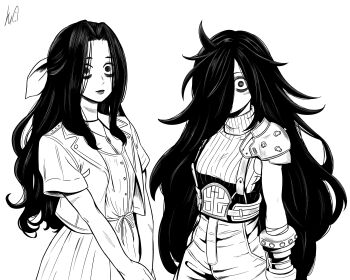 2girls absurdres aerith_gainsborough aerith_gainsborough_(cosplay) breasts cloud_strife cloud_strife_(cosplay) commentary constricted_pupils cosplay crossover dress english_commentary facial_scar final_fantasy final_fantasy_vii hair_over_one_eye highres jacket jewelry long_hair lughost medium_breasts multiple_girls necklace saeki_kayako scar scar_on_cheek scar_on_face signature single_shoulder_pad the_grudge the_ring very_long_hair yamamura_sadako