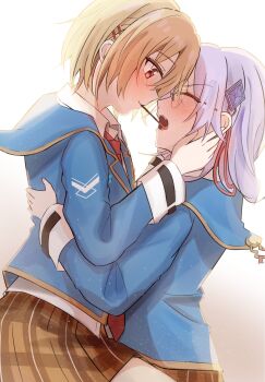 2girls aoi11_luyu blonde_hair blue_jacket blush brown_skirt closed_eyes collared_shirt food food_in_mouth from_side glasses grey_hair hair_ornament hairclip hand_on_another&#039;s_face hands_on_another&#039;s_cheeks hands_on_another&#039;s_face heaven_burns_red highres hug imminent_kiss izumi_yuki_(heaven_burns_red) jacket kayamori_ruka long_hair long_sleeves looking_at_another medium_hair miniskirt multiple_girls necktie open_mouth plaid_clothes plaid_skirt pleated_skirt pocky pocky_day pocky_in_mouth pocky_kiss purple_hair red_eyes red_necktie red_ribbon ribbon round_eyewear sailor_collar school_uniform shared_food shirt short_hair simple_background skirt teeth upper_teeth_only white_background white_shirt yuri