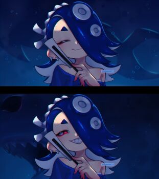 1girl ^_^ blue_hair blue_shawl bubble closed_eyes closed_mouth earrings evil_grin evil_smile eyelashes eyeshadow folded_fan folding_fan grin hair_over_one_eye hairband hand_fan highres holding holding_fan jewelry long_hair makeup multiple_earrings multiple_views nintendo octoling red_eyes red_eyeshadow ribonhaato shark sharp_teeth shawl shiver_(deep_cut_outfit)_(splatoon) shiver_(splatoon) short_eyebrows smile solo splatoon_(series) splatoon_3 teeth tentacle_hair thick_eyebrows tooth_earrings white_hairband