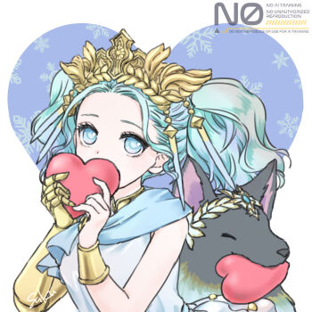1girl blue_eyes blue_hair commentary covered_mouth dalamud_(menphina) english_commentary final_fantasy final_fantasy_xiv gauntlets heart heart_in_eye highres holding holding_heart looking_at_viewer menphina saku_ff11 short_twintails single_gauntlet solo symbol_in_eye tiara twintails upper_body watermark wolf
