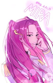 Rule 34 | 1girl, character name, epaulettes, eyelashes, eyeshadow, hang a ri 19, high collar, highres, kpop demon hunters, long hair, makeup, microphone, mira (kpop demon hunters), pink hair, sidelocks, simple background, smile, solo, twitter username, upper body, white background