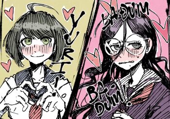 Rule 34 | 2girls, ahoge, blue sailor collar, blush, closed mouth, collarbone, commentary, danganronpa (series), danganronpa another episode: ultra despair girls, english commentary, eyelashes, four-finger heart hands, fukawa toko, glasses, green eyes, hair between eyes, hatching (texture), heart, heart hands, highres, long hair, messy hair, mossytrash, multiple girls, naegi komaru, neckerchief, nose blush, purple eyes, red neckerchief, round eyewear, sailor collar, short hair, simple background, smile, sound effects, sweat, two-tone background, v-shaped eyebrows, white sailor collar, yuri