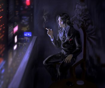 Rule 34 | 1boy, 1girl, alucard (castlevania), arikado genya, ashtray, black eyes, black hair, black jacket, black necktie, black pants, breast pocket, castlevania: aria of sorrow, castlevania (series), cigarette, cigarette pack, city, collared shirt, commentary, commentary request, darling kaito, dress, english commentary, formal clothes, ghost, hand on own leg, head rest, highres, holding, holding cigarette, jacket, juliet sleeves, lisa tepes, long hair, long sleeves, looking ahead, necktie, night, pants, pocket, puffy sleeves, shirt, smoke, smoke trail, suit, table, white shirt