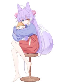 1girl 3l3erry =_= ahoge barefoot blue_eyes bright_pupils closed_mouth commentary_request cone_hair_bun creature dot_mouth double_bun foot_up fox_girl fox_tail from_side full_body hair_bun hair_ornament hakama hakama_skirt heterochromia highres hug inari_(tenko_shibuki) japanese_clothes kimono korean_commentary long_hair long_sleeves looking_at_viewer looking_to_the_side on_stool orange_eyes pleated_skirt pom_pom_(clothes) pom_pom_hair_ornament purple_hair purple_kimono purple_tail red_skirt sitting skirt sleeves_past_wrists solo stellive straight_hair tail tenko_shibuki turning_head twintails very_long_hair virtual_youtuber white_pupils wispy_bangs