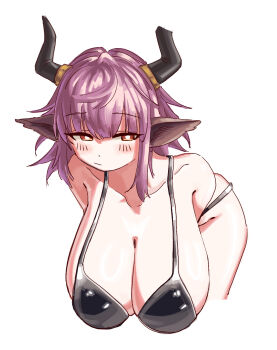 1girl animal_ears arknights bare_shoulders bikini black_bikini blush breasts character_request cleavage goldentissue1 hanging_breasts horns huge_breasts leaning_forward purple_hair short_hair sidelocks solo swimsuit thighs white_background wide_hips yellow_eyes