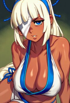 1girl ai-assisted bikini blue_eyes breasts cleavage covered_erect_nipples dark-skinned_female dark_skin eyepatch hair_ribbon highres large_breasts legs long_hair looking_at_viewer majikina_mina navel parted_lips ponytail ribbon samurai_spirits sarong serious sitting snk solo swimsuit teeth thighs thong_bikini white_hair