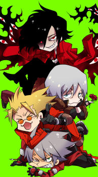4boys alucard_(hellsing) anger_vein black_gloves black_hair blazblue blonde_hair blue_eyes brown_coat chibi clenched_teeth closed_eyes coat crossover dante_(devil_may_cry) devil_may_cry_(series) facial_hair fingerless_gloves flower gloves goatee_stubble green_background grey_hair hand_on_own_chin hellsing heterochromia highres holding holding_flower human_stacking jacket kaneaki_mukku multiple_boys multiple_crossover orange-framed_eyewear ragna_the_bloodedge red_coat red_eyes red_flower red_jacket red_rose rose sharp_teeth stubble teeth trigun v vash_the_stampede