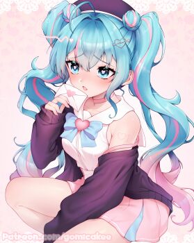 1girl aqua_bow aqua_eyes aqua_hair aqua_nails arm_tattoo beret bow breasts collarbone commentary_request double_bun gomicake gradient_hair hair_between_eyes hair_bun hair_ornament hat hatsune_miku highres holding holding_letter jacket letter long_hair long_sleeves love_letter medium_breasts multicolored_hair number_tattoo open_mouth pink_hair pink_nails pink_skirt pleated_skirt purple_jacket shirt skirt sleeveless sleeveless_shirt solo tattoo twintails very_long_hair vocaloid white_trim