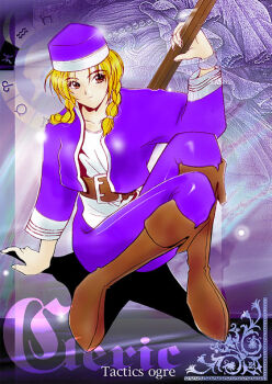 1girl aquarius_(symbol) aries_(symbol) bad_id belt belt_buckle blonde_hair boots bracelet braid brown_belt brown_boots buckle capricorn_(symbol) character_name cleric_(tactics_ogre) closed_mouth copyright_name full_body gemini_(symbol) hair_over_shoulder hand_up holding holding_staff jacket jewelry kawagishi_keitarou knee_boots knees_up low_twin_braids medium_hair open_clothes open_jacket pants pisces_(symbol) purple_jacket purple_pants red_eyes shirt sitting smile solo staff tactics_ogre taurus_(symbol) twin_braids white_shirt zodiac_wheel