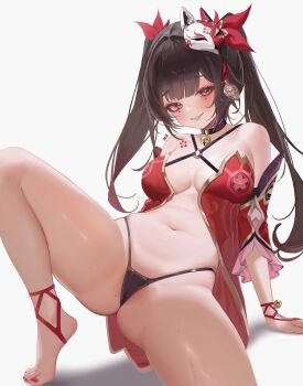 1girl absurdres arm_support bell black_choker black_panties breasts brown_hair choker clenched_teeth dress g-string highres honkai:_star_rail honkai_(series) looking_at_viewer medium_breasts nail_polish navel neck_bell panties red_dress red_eyes sihana156 smile solo sparkle_(honkai:_star_rail) spread_legs stomach teeth thighs thong tiptoes toenail_polish toenails twintails underwear white_background