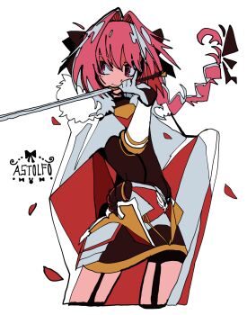 1boy astolfo_(fate) astolfo_(rider)_(fate) black_ribbon braid cape character_name closed_mouth commentary_request fate/apocrypha fate/grand_order fate_(series) garter_straps hair_between_eyes hair_intakes hair_ribbon highres holding holding_weapon ima_mo_nao_kangaechuu la_black_luna long_hair looking_at_viewer male_focus pink_eyes pink_hair ribbon simple_background single_braid solo trap weapon white_background