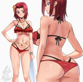 1girl ass belly_chain bikini blue_eyes bracelet breasts butt_crack cleavage closed_mouth code_geass code_geass:_lost_stories commentary_request commission curvy dated feet_out_of_frame flower from_behind gluteal_fold hair_flower hair_ornament halterneck hand_on_own_hip highleg highleg_bikini highres jewelry kouzuki_kallen large_breasts layered_bikini light_smile looking_at_viewer looking_back medium_hair multiple_bracelets multiple_views navel necklace orange_flower parted_lips pixiv_commission red_bikini red_hair shiny_skin sideways_mouth signature simple_background standing swimsuit teeth underboob white_background wide_hips yoo_tenchi