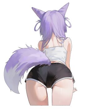 1girl absurdres animal_ears ass ass_focus back bent_over commentary_request dolphin_shorts facing_away from_behind highres korean_commentary nbee_ya presenting presenting_ass purple_hair purple_tail shorts stellive tail tank_top tenko_shibuki virtual_youtuber white_background white_tank_top