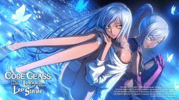 2girls back-to-back bandaged_leg bandages bare_shoulders barefoot black_thighhighs blue_background bottomless breasts bug butterfly closed_mouth code_geass code_geass:_lost_stories dark-skinned_female dark_skin dual_persona dutch_angle elbow_gloves f4samurai feet from_behind game_cg gloves glowing grey_hair hair_tie hands_on_own_knee hands_on_own_knees hands_up head_tilt high_ponytail highres insect jacket knees_together_feet_apart knees_up leaning_forward legs light_particles lipstick long_hair long_sleeves looking_at_viewer looking_back makeup medium_breasts military_uniform multiple_girls off_shoulder official_art oversized_clothes own_hands_together parted_lips petals petals_on_liquid ponytail purple_gloves purple_jacket purple_lips shallow_water sidelocks sitting sleeveless sleeveless_jacket sweater teeth thighhighs toes transparent villetta_nu water white_sweater yellow_eyes