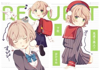 Rule 34 | 2girls, :d, :t, aged down, ahoge, animal, animal on head, arrow (symbol), backpack, bag, beret, bird, bird on head, black footwear, blonde hair, blue bow, blue bowtie, blue dress, blunt bangs, blush, bow, bowtie, braid, breasts, cardigan, closed eyes, collared jacket, collared shirt, crime prevention buzzer, dress, dress shirt, dual persona, eyelashes, french braid, from behind, grey cardigan, grey jacket, grey skirt, hair ornament, hair rings, hat, head tilt, highres, indie virtual youtuber, jacket, kneehighs, leg up, loafers, lone nape hair, long sleeves, looking at viewer, looking back, low twintails, multiple expressions, multiple girls, musical note, nobori yuzu, official alternate costume, official alternate hairstyle, on head, open mouth, parted lips, pinafore dress, pinstripe jacket, pinstripe pattern, pinstripe skirt, pleated dress, pleated skirt, pom pom (clothes), pom pom hair ornament, pout, randoseru, red bag, red headwear, red sailor collar, sailor collar, school uniform, shigure ui (summer uniform) (vtuber), shigure ui (vtuber), shigure ui (1st costume) (vtuber), shigure ui (summer uniform) (vtuber), shigure ui (young) (vtuber), shirt, shoe soles, shoes, short hair, short twintails, side braid, skirt, skirt set, sleeping, sleeveless, sleeveless dress, sleeves past wrists, small breasts, smile, socks, striped, swept bangs, translation request, twintails, variations, virtual youtuber, white shirt, white socks