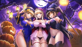 3girls amadea_wolfa ayato_utae bat_(animal) black_hair blonde_hair blue_eyes breasts capelet cleavage cloak cosplay covered_navel dolphin_wave drill_hair fishnet_thighhighs fishnets full_moon game_cg hair_intakes halloween halloween_costume hat highres holding holding_staff jack-o'-lantern jiangshi_costume kirahoshi_kanna lantern large_breasts little_red_riding_hood_(fairy_tale) little_red_riding_hood_(fairy_tale_character)_(cosplay) little_red_riding_hood_(fairy_tale_character) long_hair looking_at_viewer moon multicolored_hair multiple_girls navel non-web_source official_art ootomo_takuji pumpkin red_capelet red_cloak red_hood skindentation staff take_your_pick thighhighs twin_drills witch witch_hat yellow_eyes