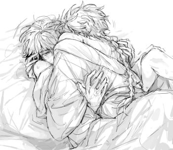 2boys anal bare_shoulders bathrobe bed_sheet blush braid braided_ponytail breath commentary_request greyscale hickey hug implied_sex long_hair looking_at_another lying male_focus missionary monochrome multicolored_hair multiple_boys off_shoulder on_back on_bed sex shiguang_dailiren short_hair single_braid sketch spread_legs sweat tears trembling two-tone_hair tyoookozuki xia_fei xiao_weiying yaoi