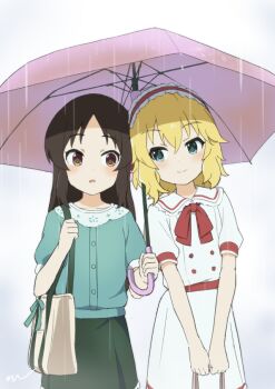 2girls aayh bag black_hair blonde_hair blue_eyes blue_shirt brown_eyes closed_mouth collared_dress commentary_request day dress frilled_hairband frills green_skirt hair_between_eyes hairband holding holding_bag holding_umbrella idolmaster idolmaster_cinderella_girls long_hair multiple_girls outdoors parted_bangs parted_lips pink_umbrella puffy_short_sleeves puffy_sleeves rain red_hairband sakurai_momoka shared_umbrella shirt short_sleeves skirt smile tachibana_arisu umbrella very_long_hair white_dress