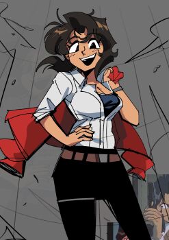1girl :d belt belt_buckle black_eyes black_hair black_pantyhose black_shirt black_skirt bob_cut breasts brown_belt buckle cleavage collared_shirt cowboy_shot dark-skinned_female dark_skin dress_shirt eyelashes grey_background gunsmith_cats hand_on_own_hip hand_up highres holding holding_jacket holding_unworn_clothes inverted_bob jacket large_breasts layered_shirt looking_at_viewer messy_hair miniskirt open_mouth pantyhose partially_open_shirt peargor rally_vincent red_jacket reference_inset shirt short_hair sidelocks sketch skirt sleeves_rolled_up smile solo swept_bangs teeth unworn_jacket upper_teeth_only watch wavy_hair white_shirt wind wristwatch zoom_layer