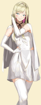 1girl :> absurdres adapted_costume aqua_eyes blonde_hair blush closed_mouth commentary earrings elbow_gloves gigi_andalusia gloves gundam gundam_hathaway's_flash hand_in_own_hair hand_on_own_hip highres jewelry knee_up looking_at_viewer pixel_(yuxian) simple_background smile solo standing swept_bangs thighhighs triangle_earrings white_gloves white_thighhighs yellow_background zettai_ryouiki